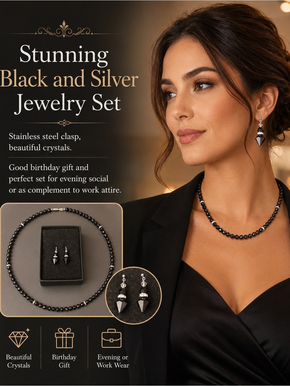 Black & Silver necklace and Earrings Set